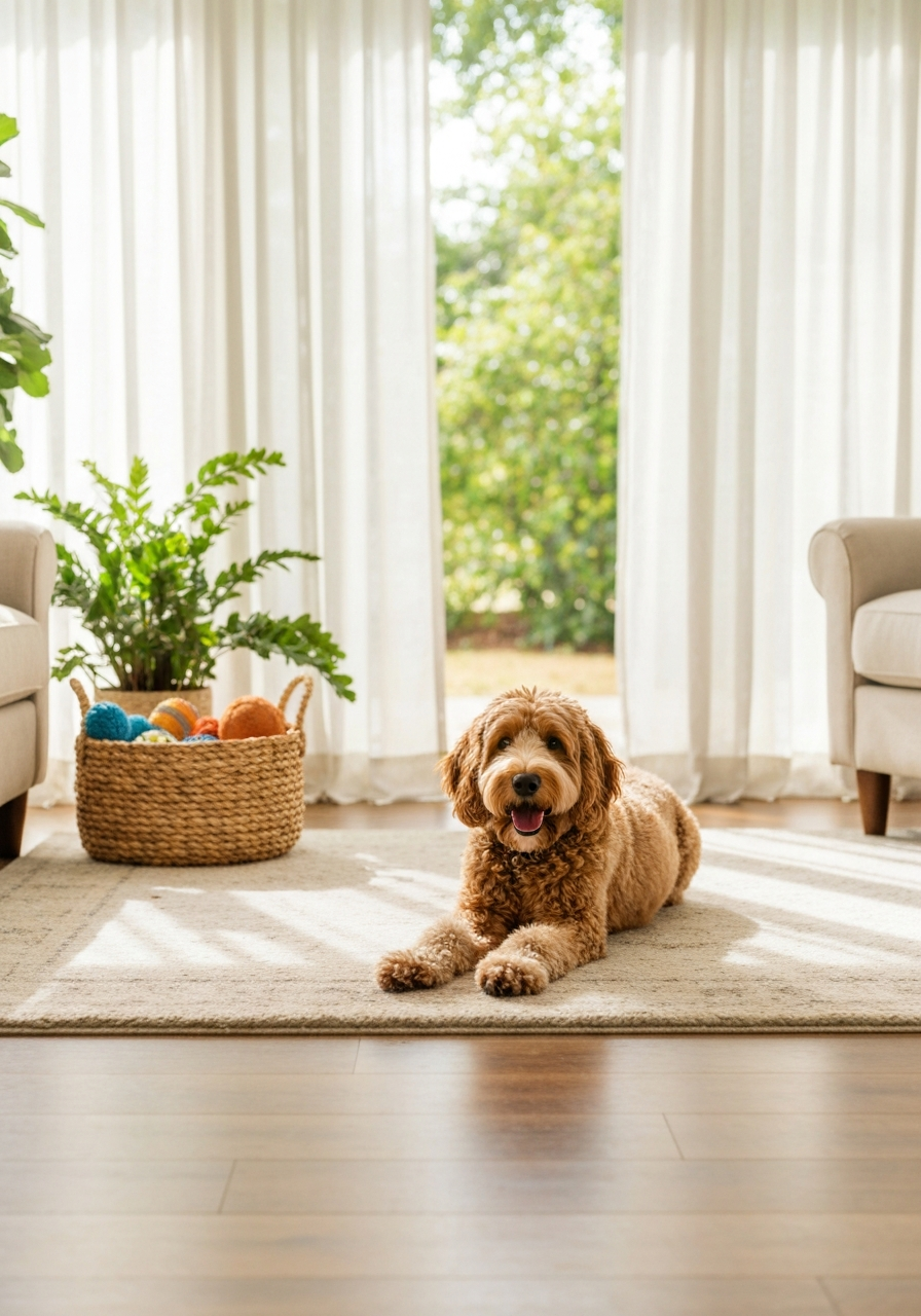 Groomer parting a goldendoodle's thick curly coat to reveal a red moist hot spot on the skin