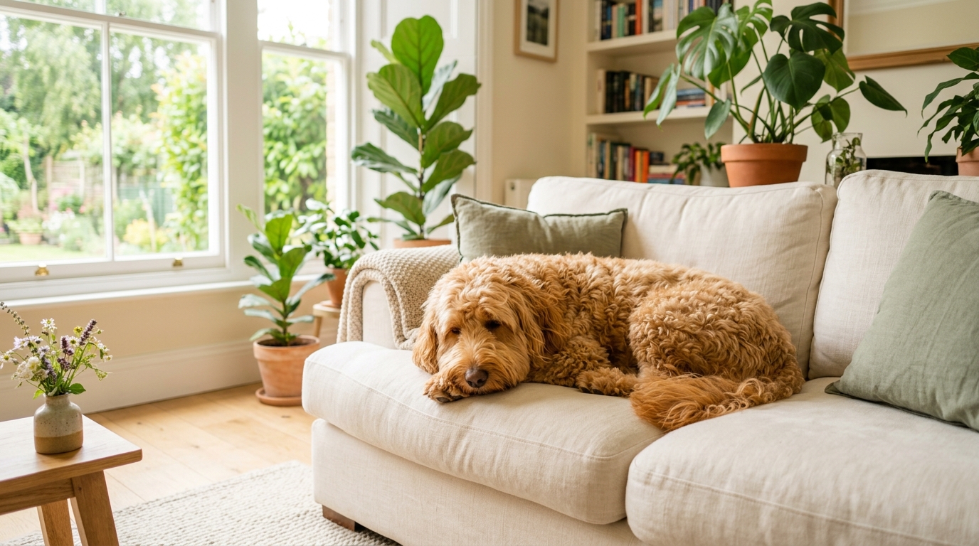 A standard Australian Labradoodle resting quietly on a kitchen floor, looking subdued after a bout of digestive illness