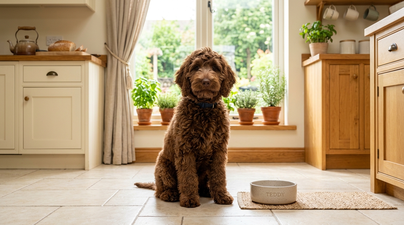Young Australian Labradoodle puppy sitting beside two food bowls, one puppy kibble and one adult formula