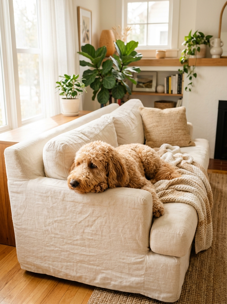 A calm Goldendoodle resting beside a bowl of slippery elm powder and a measuring spoon on a kitchen counter