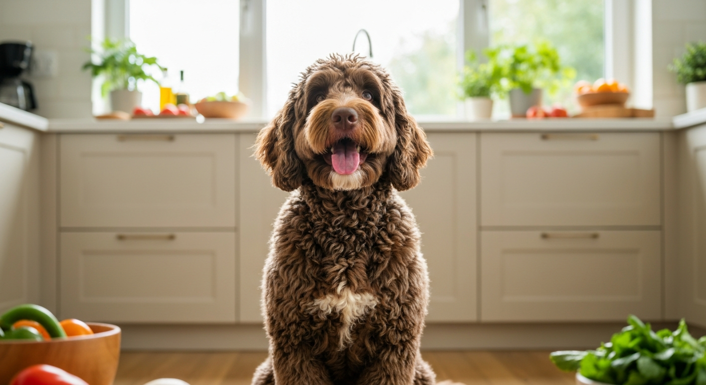 Curly-coated goldendoodle scratching its ear on a wooden floor, illustrating chicken allergy symptoms in doodles