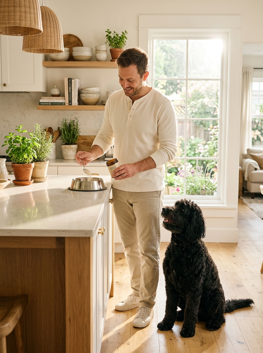 Goldendoodle lying calmly on a kitchen floor next to a bowl and a jar of probiotic supplement powder