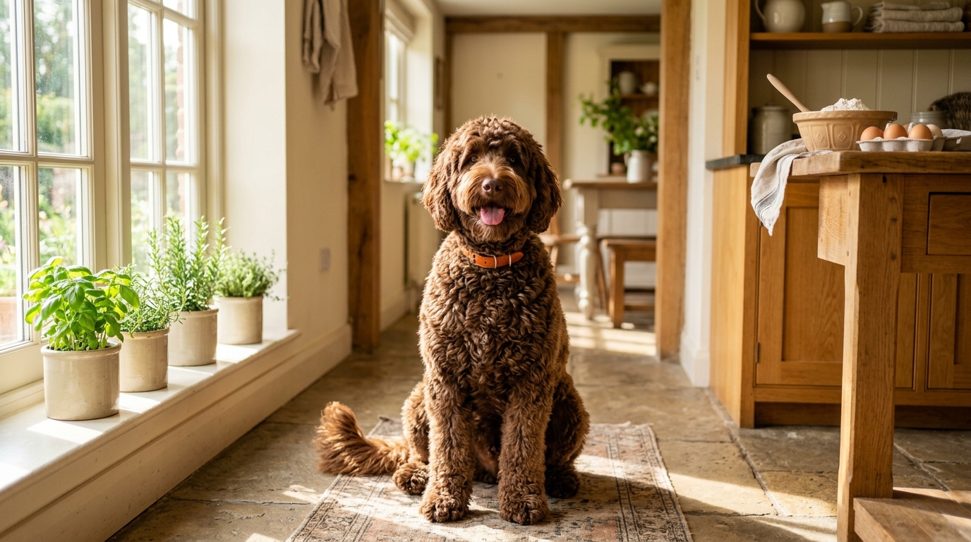Chocolate brown Goldendoodle sitting on a sunlit kitchen floor with fresh herbs behind