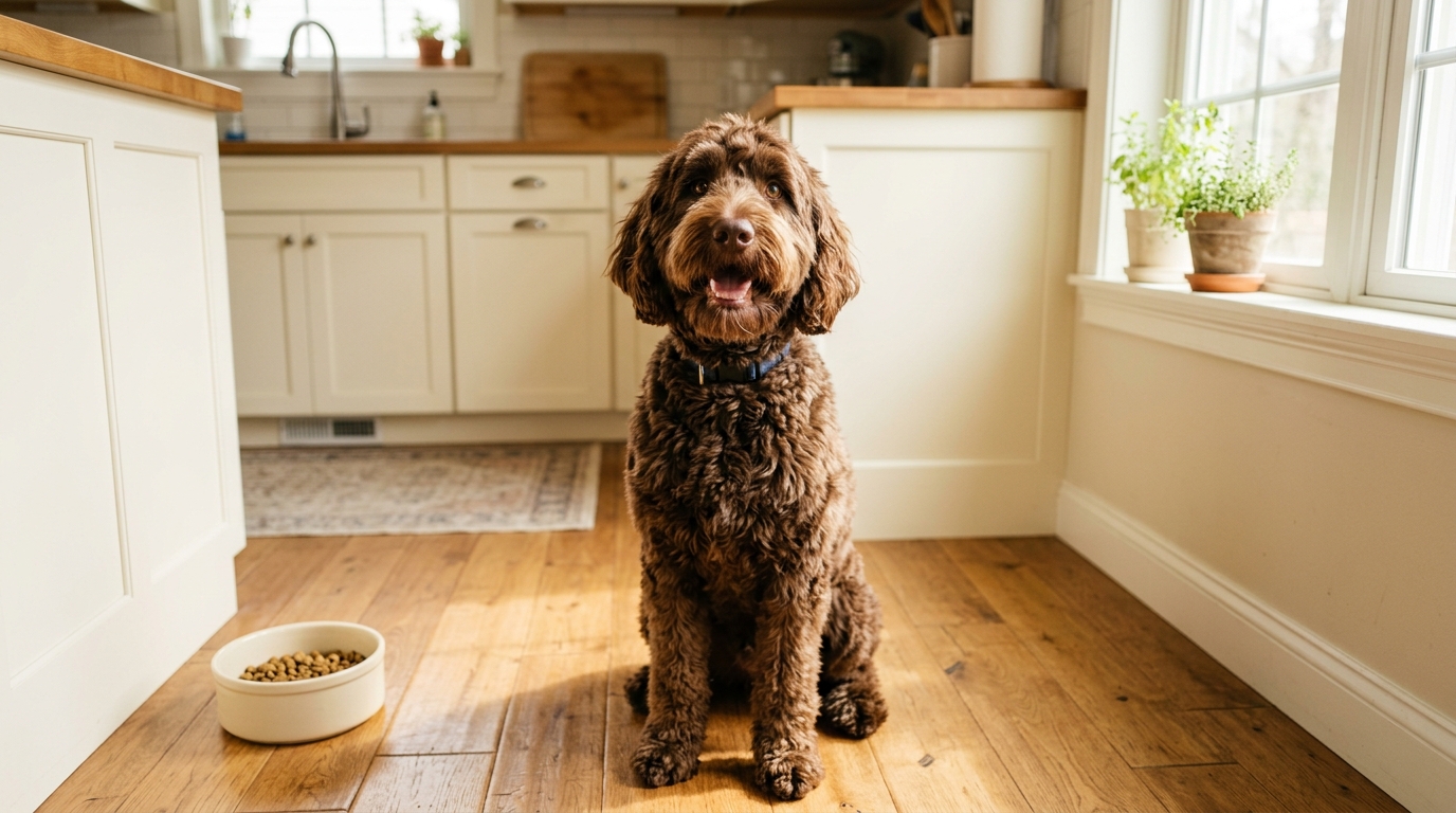 Playful goldendoodle standing beside a full food bowl, looking away, in a bright kitchen