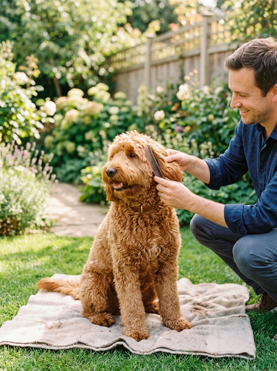 Goldendoodle with a fleece coat being brushed with a slicker brush at home
