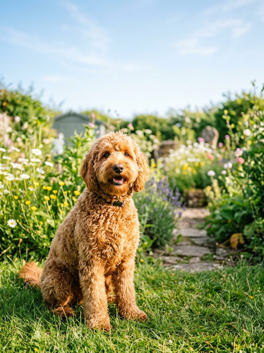 A curly-coated Australian Labradoodle sitting calmly on a living-room rug beside a family member