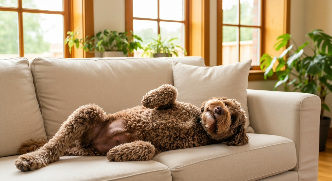 Curly-coated goldendoodle scratching its neck outdoors while owner checks its skin