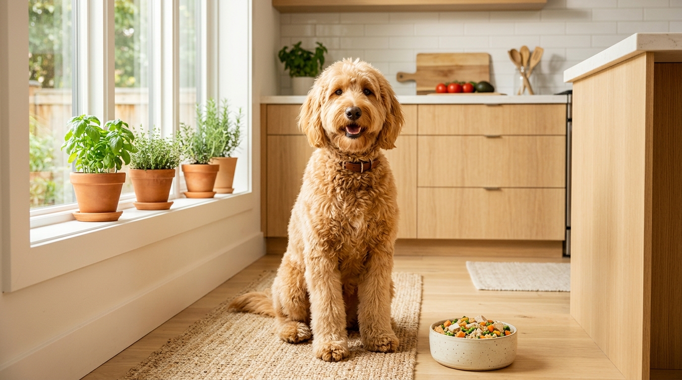 An Australian Labradoodle standing calmly beside a food bowl in a bright kitchen