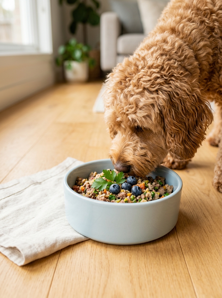 Goldendoodle waiting by a food bowl with a scoop of digestive enzyme powder