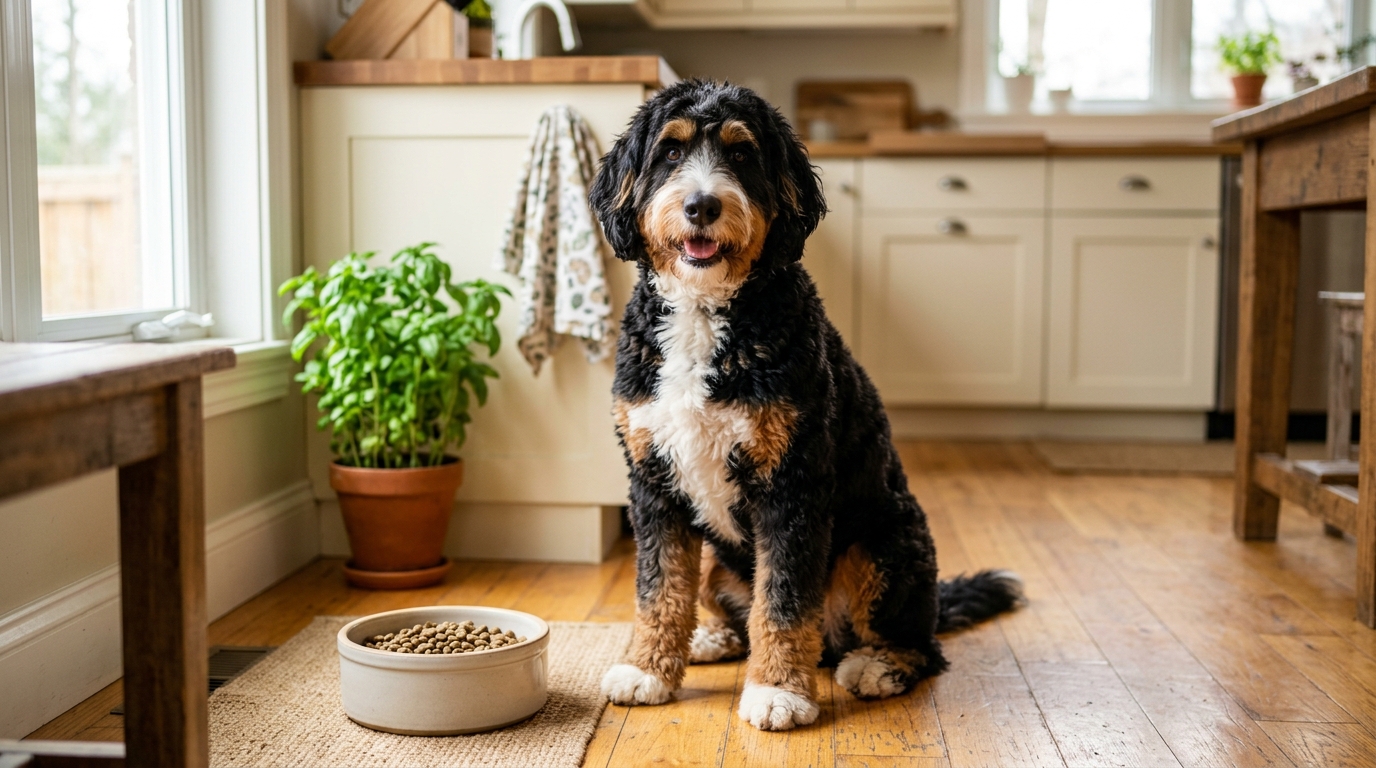 Bernedoodle waiting by a food bowl of salmon-based limited ingredient kibble