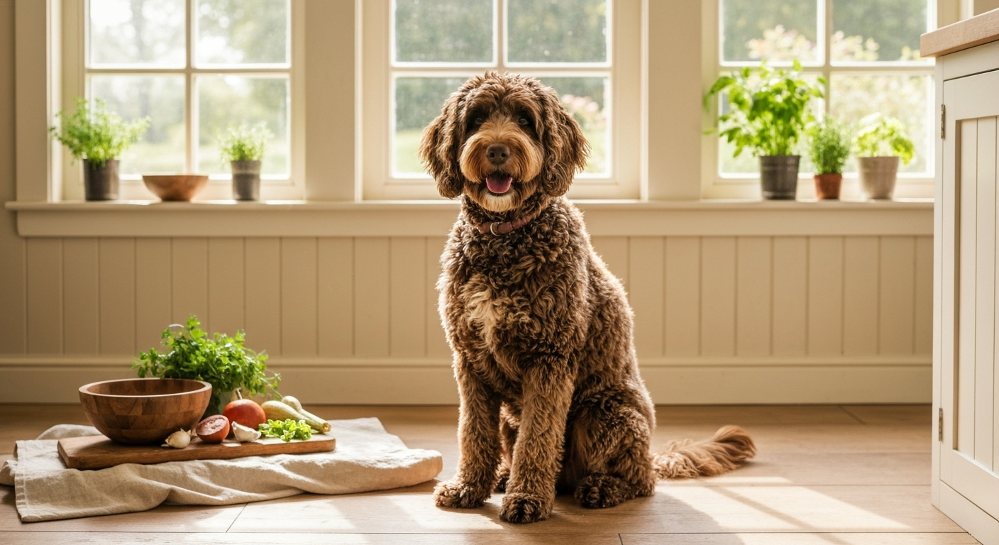 Three doodle dogs waiting beside bowls of limited ingredient kibble in a home kitchen