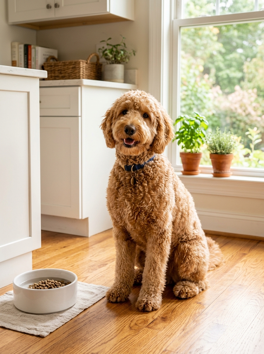 Chocolate Goldendoodle in a sunny kitchen beside a food bowl, alert and waiting