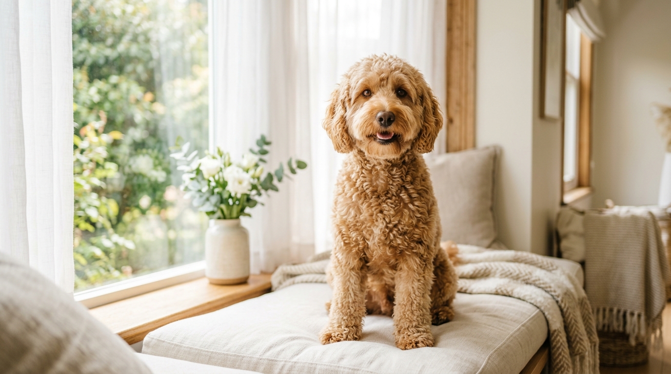 Close-up of a cream Australian Labradoodle's face showing reddish-brown tear stains below the eyes