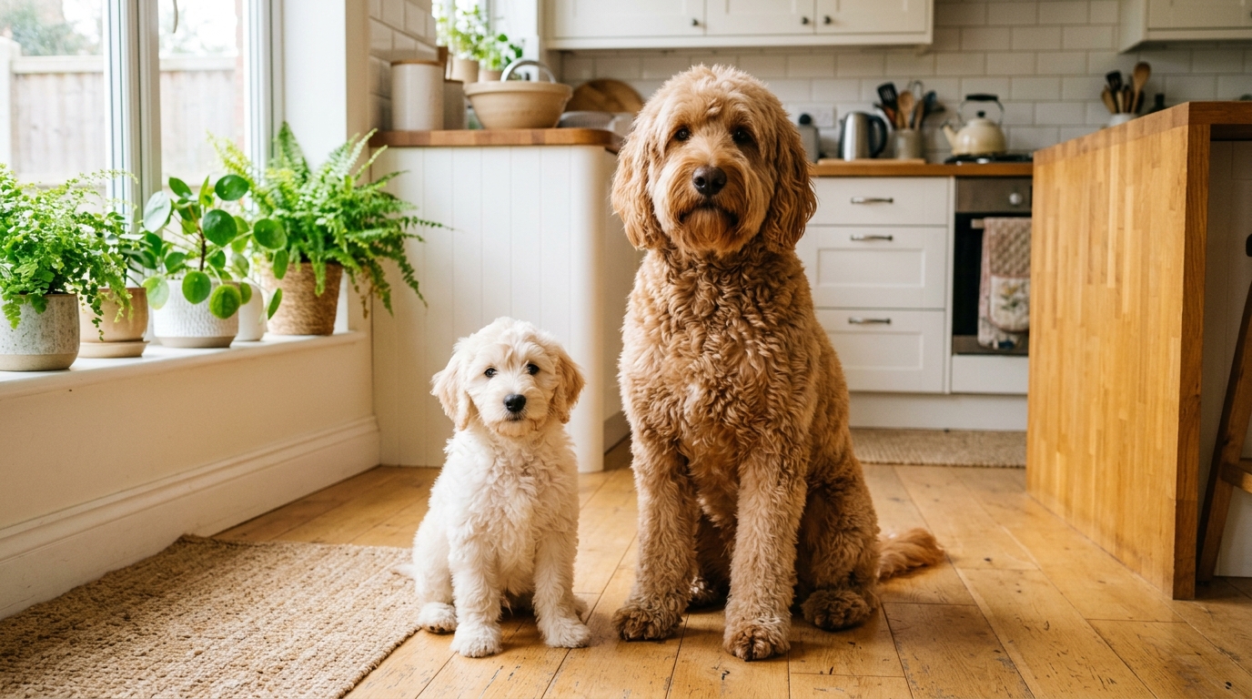 A cream Australian Labradoodle puppy sitting beside its full-grown caramel parent in a bright kitchen