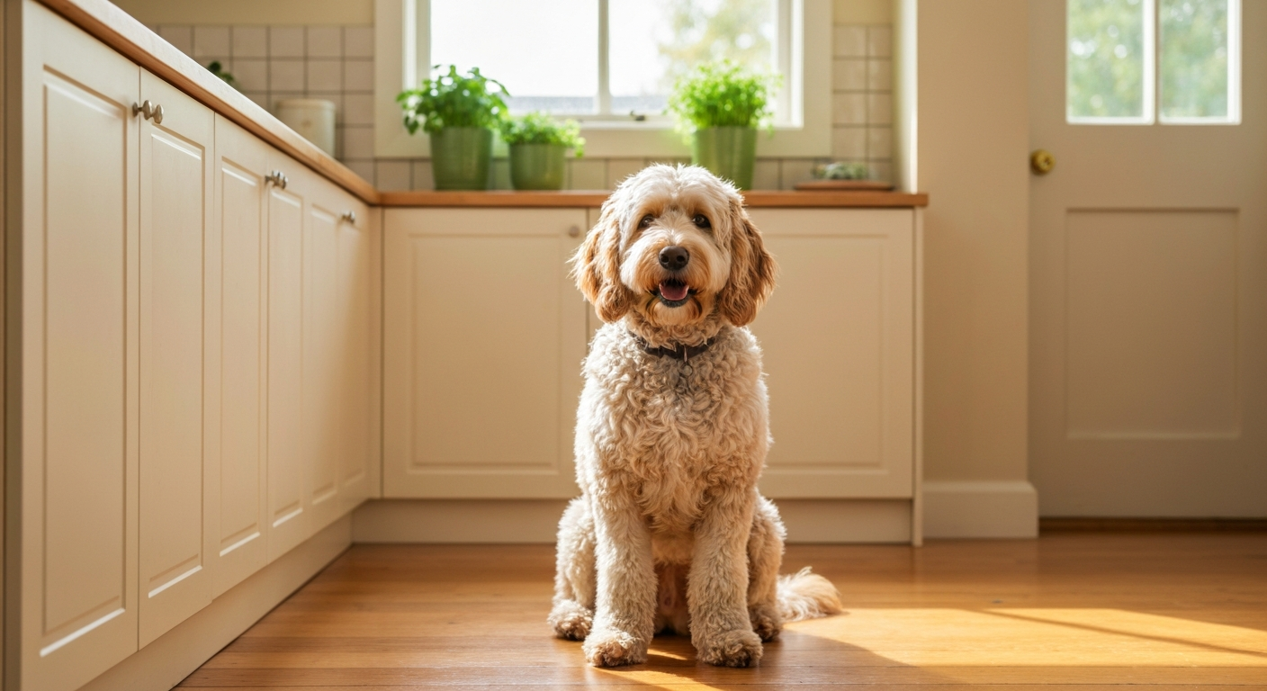 Goldendoodle lying on a kitchen floor looking up with a slightly worried expression, suggesting mild stomach discomfort