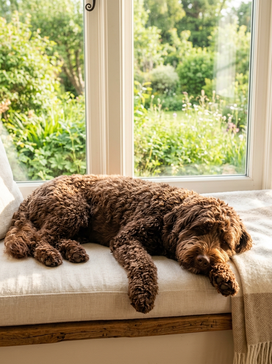 A curly-coated Goldendoodle standing on a trail with a joint supplement in the foreground