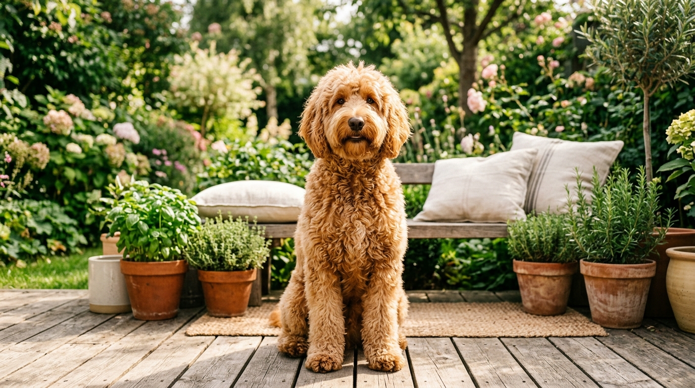 Apricot Goldendoodle with a thick, glossy wavy coat sitting on a sunny garden deck