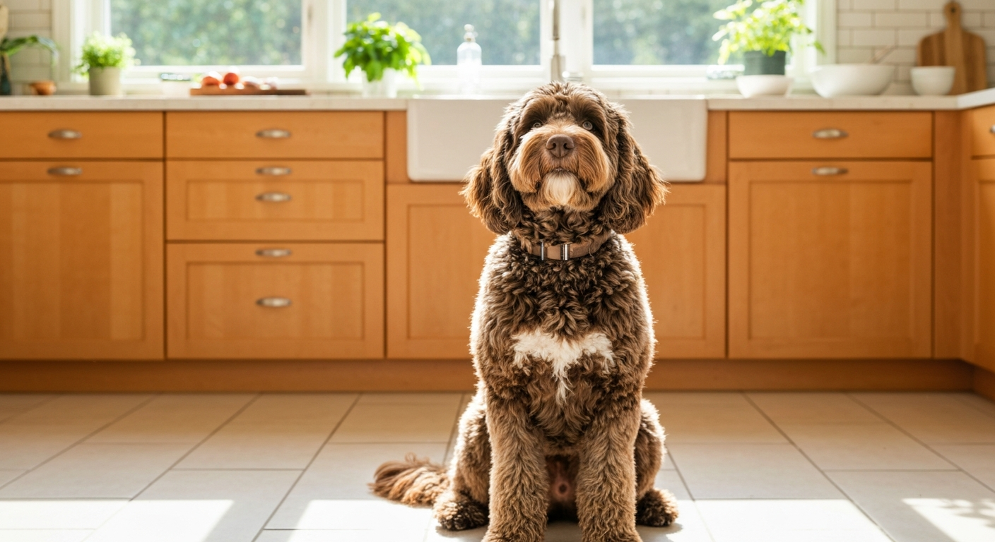 A curly-coated goldendoodle scratching its ear beside a bowl of kibble on a kitchen floor