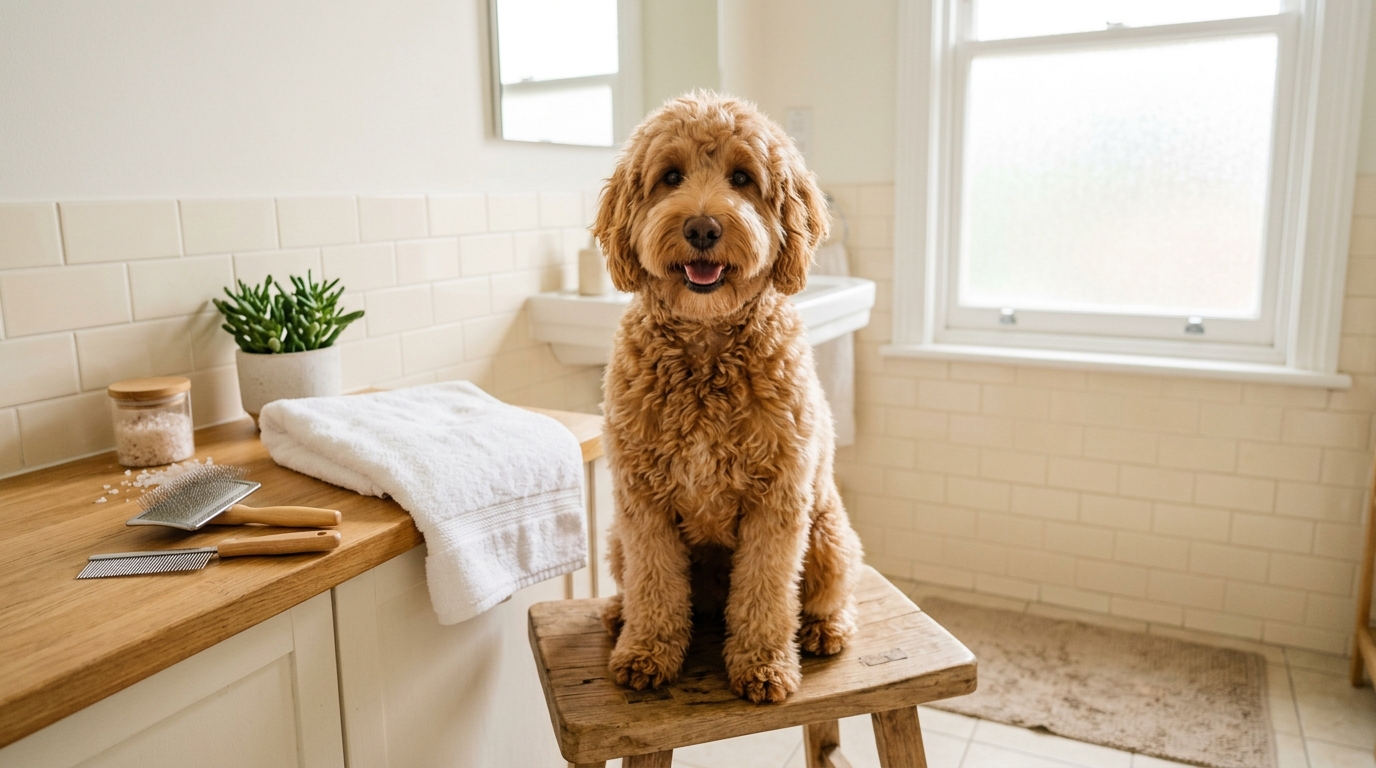 A curly Australian Labradoodle standing on a grooming table with a lick mat while an owner trims its coat at home