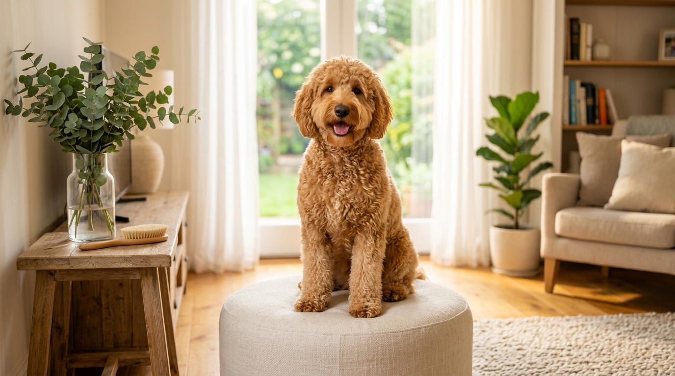 Australian Labradoodle being line brushed behind the ear where mats form