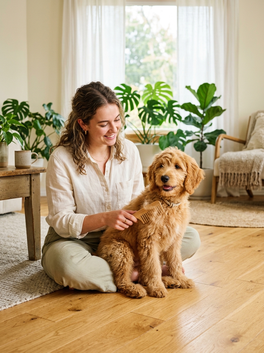 A wavy-coated Goldendoodle being brushed on a grooming table, loose hair caught in a slicker brush