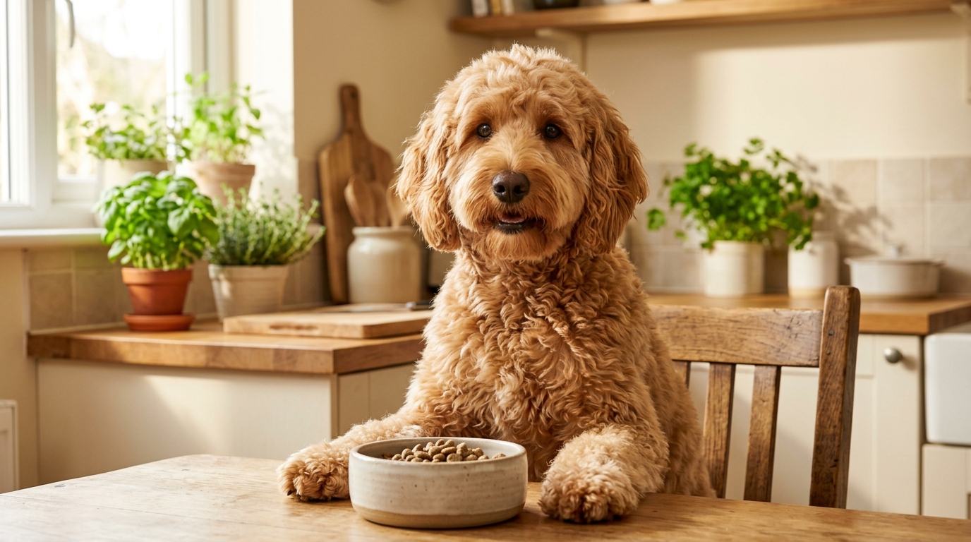 An allergy-prone Australian Labradoodle beside a bowl of novel protein venison kibble
