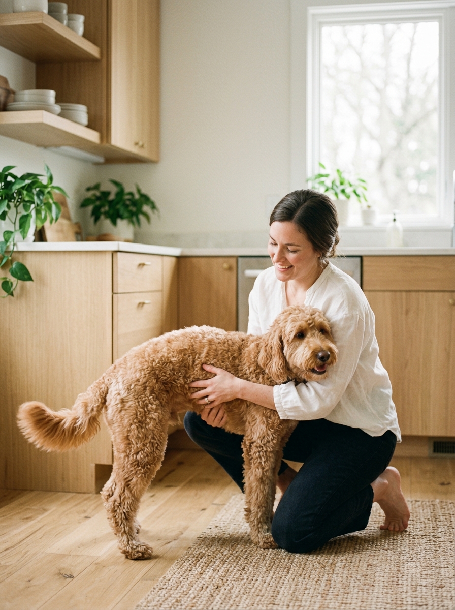 Standard Goldendoodle standing on a trail with a relaxed, level stance showing healthy hips