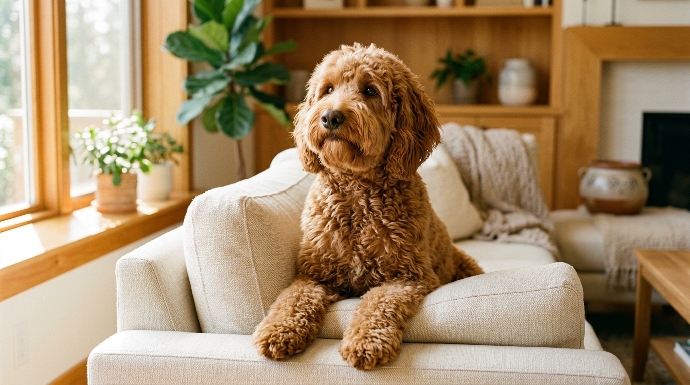 Australian Labradoodle lying on its side on a rug with a relaxed belly, owner's hand resting nearby