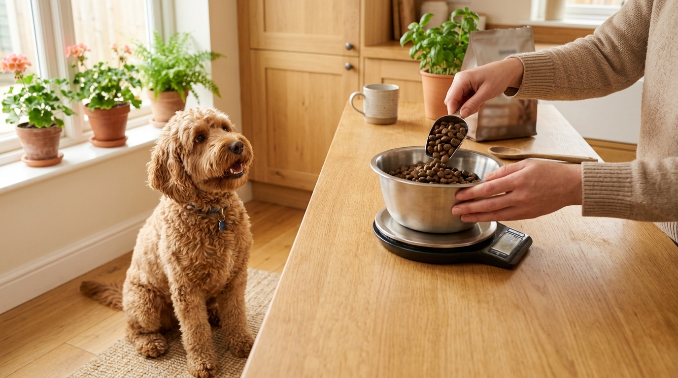 Hands weighing dry dog food into a steel bowl on a kitchen scale while a caramel Australian Labradoodle waits