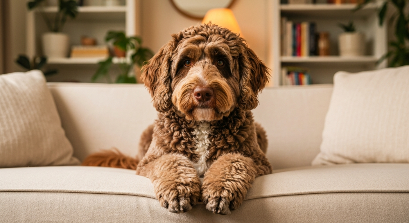 Curly goldendoodle lying in bed licking its front paw at night in dim lamplight