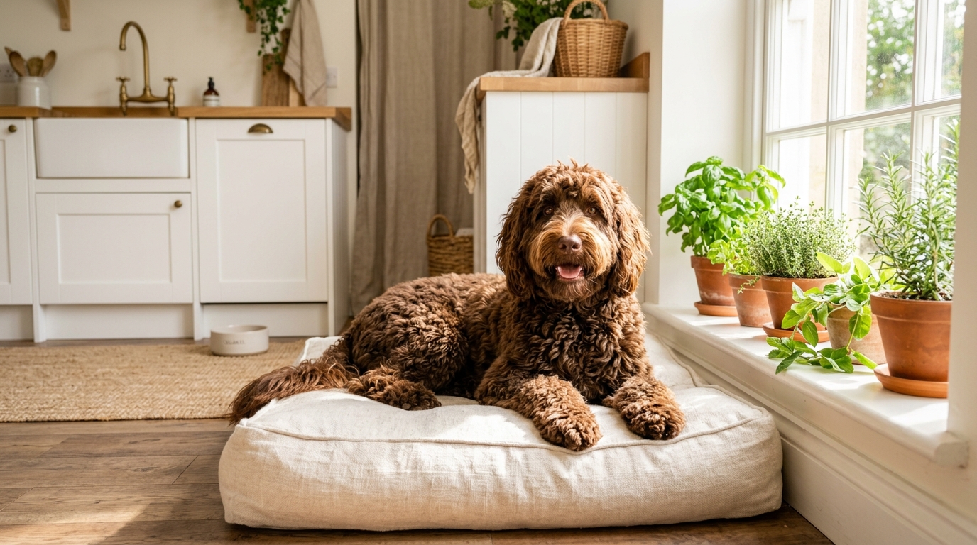 Australian Labradoodle standing in a garden looking back, in a natural toileting posture