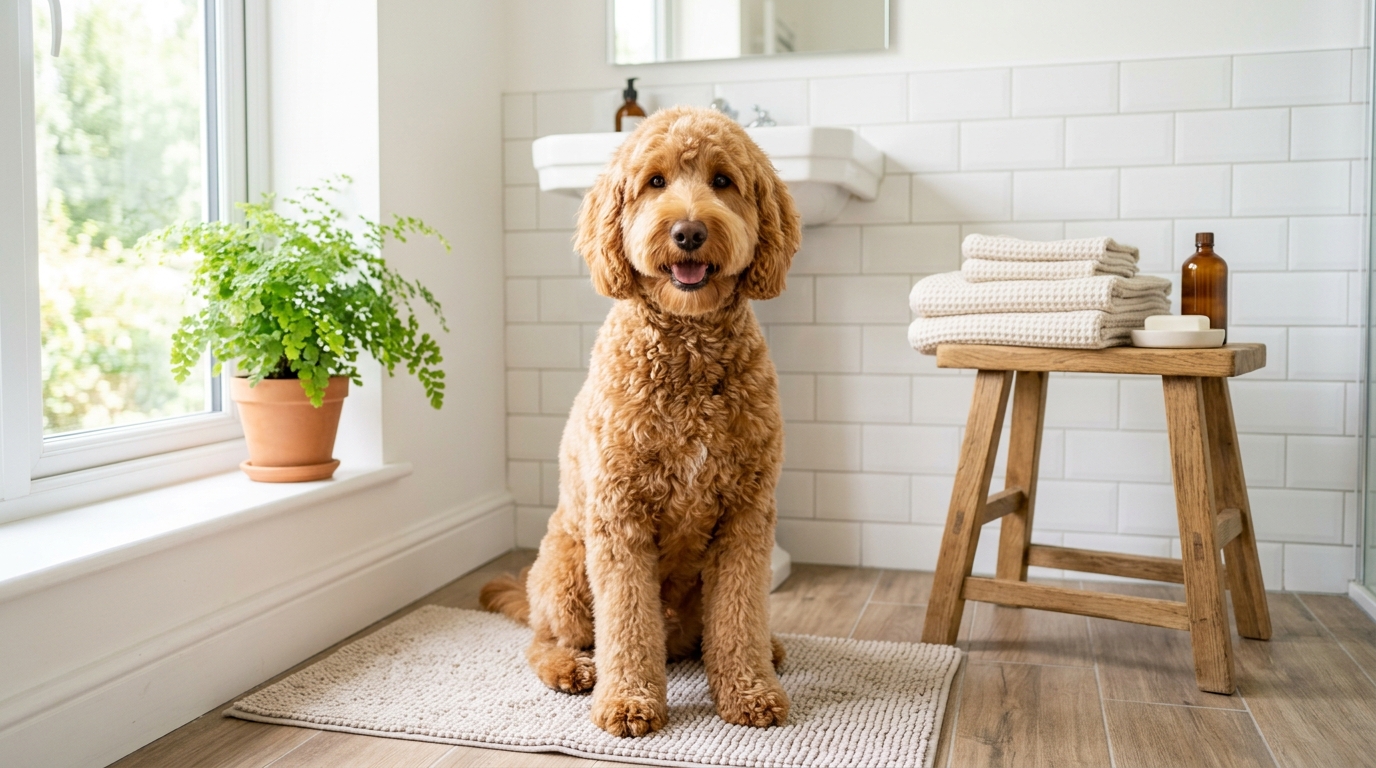 Corded Andis clipper and detachable blades laid out on a grooming table beside a curly-coated doodle