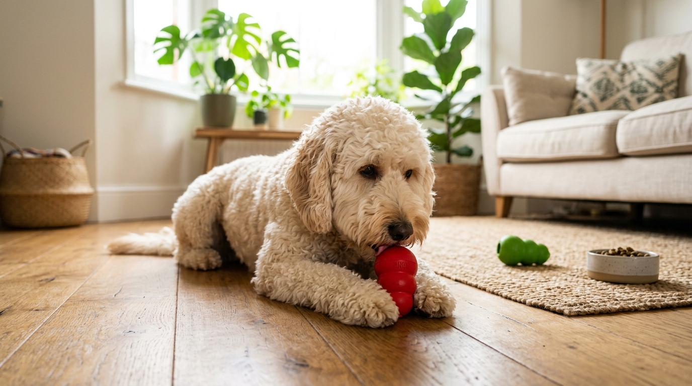 Cream Australian Labradoodle lying on a living room floor working at a red rubber stuffable treat toy