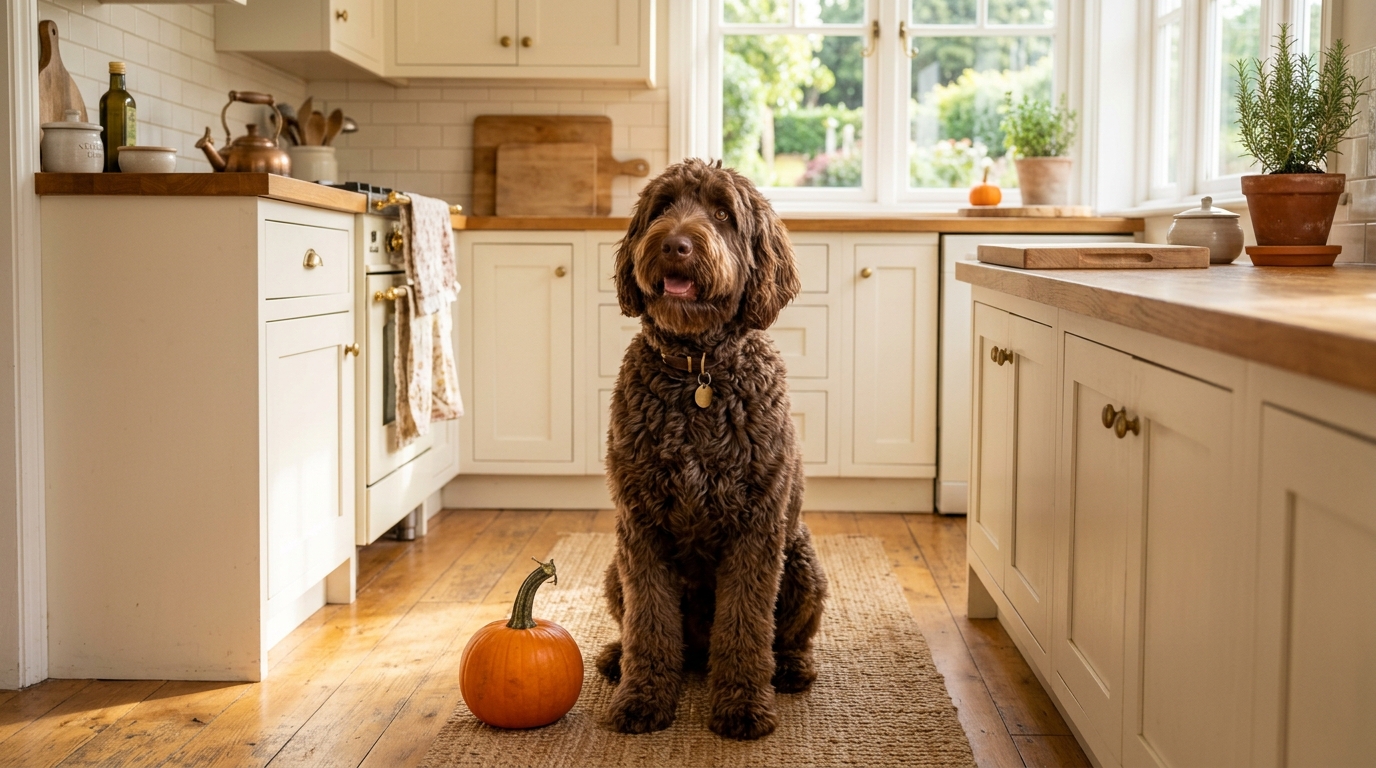 Spoon of plain canned pumpkin puree next to a curly-coated doodle's food bowl on a kitchen counter