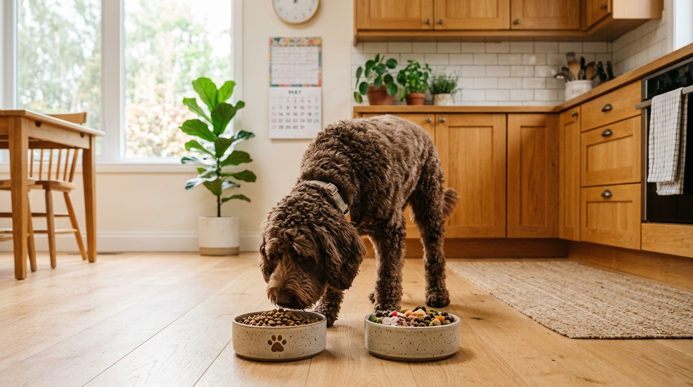 Chocolate Australian Labradoodle sniffing between two bowls of old and new food