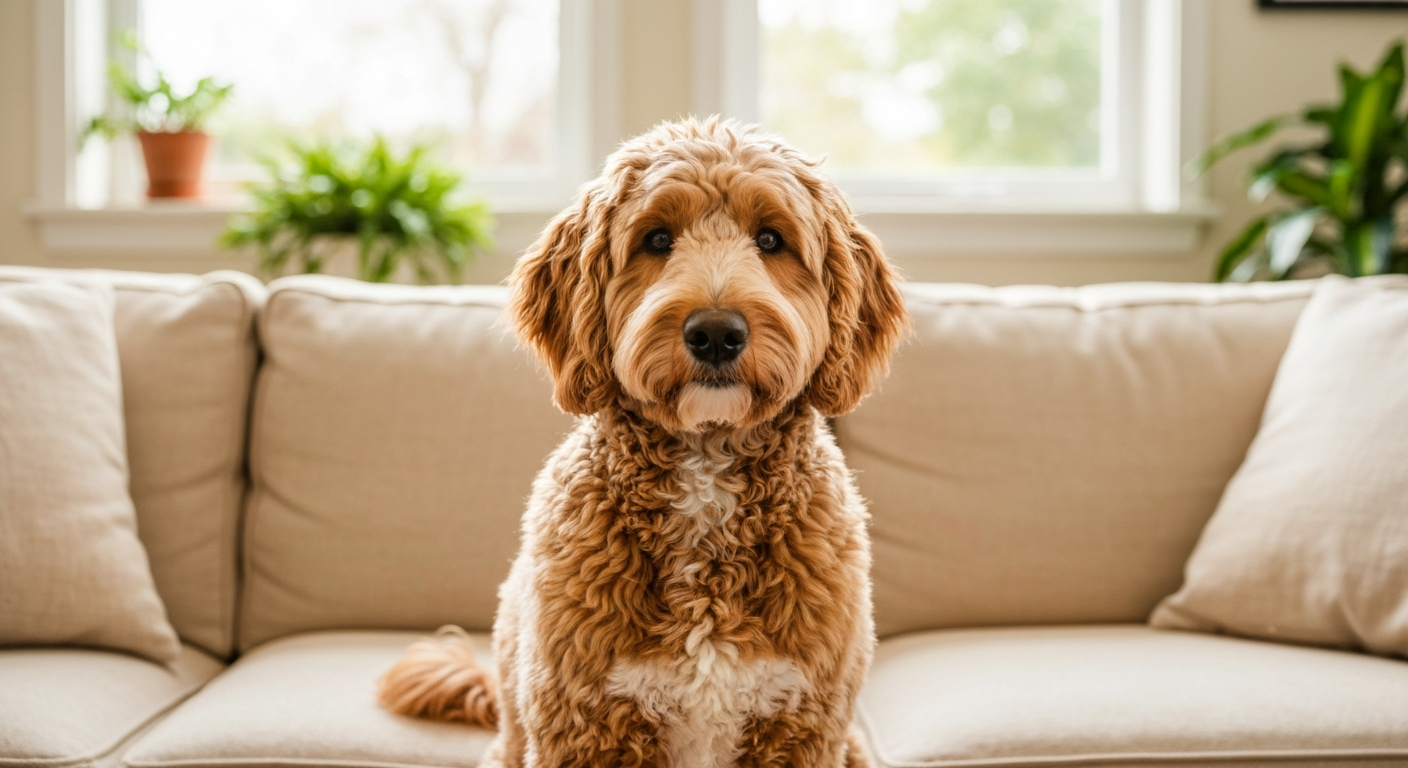 A goldendoodle lying on a dog bed looking uncomfortable while its owner offers a bowl of plain rice