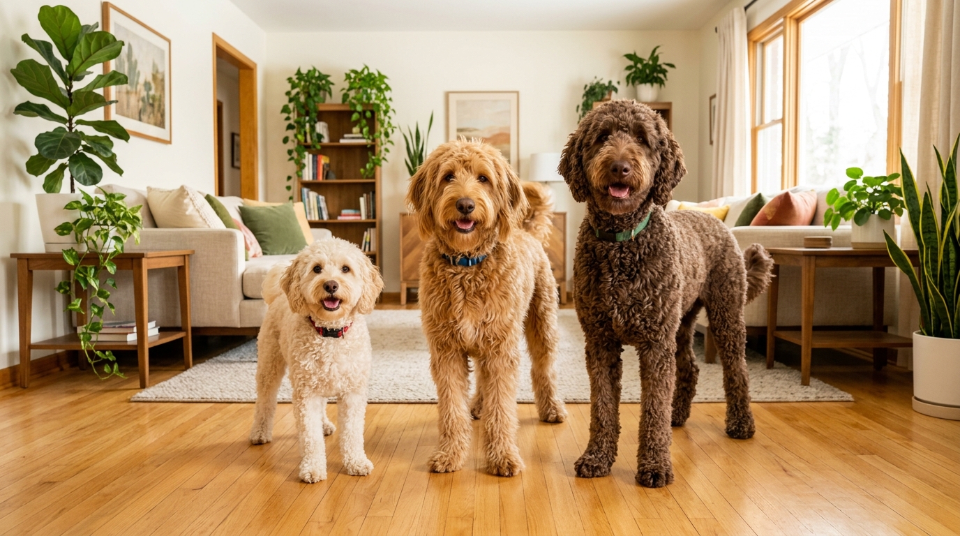 A Mini, a Medium and a Standard doodle standing side by side in a bright living room showing the size difference