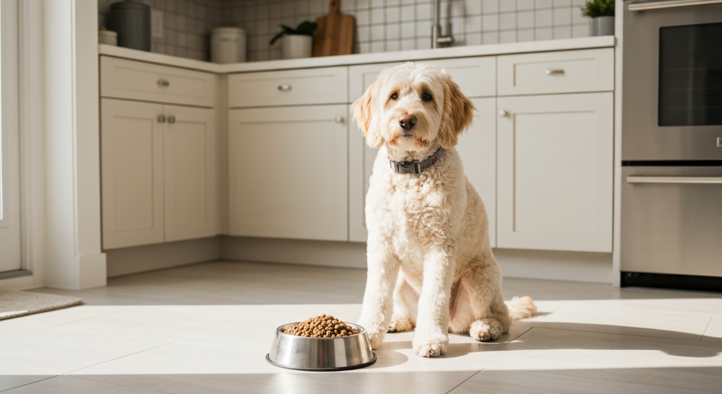 Goldendoodle waiting by a bowl of single-protein food during an elimination diet trial