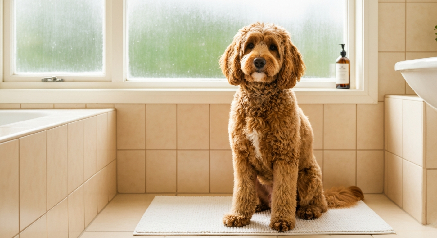 Curly-coated goldendoodle scratching its ear on a living room floor