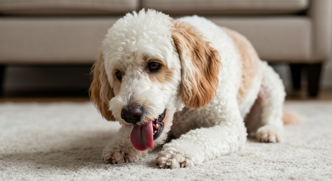 Close-up of a goldendoodle's paw showing reddish-brown yeast staining between the toes