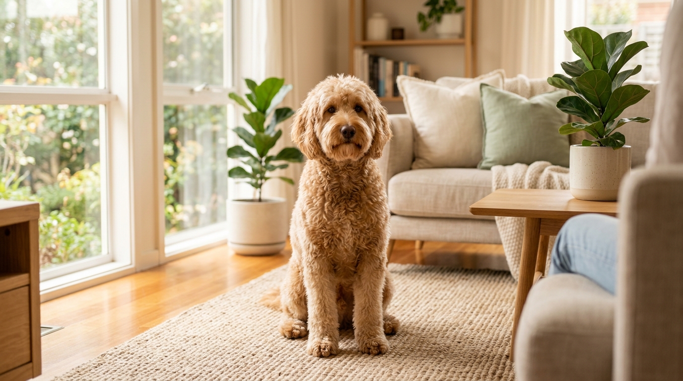 Apricot Goldendoodle sitting on living room rug, attentively watching person out of frame.