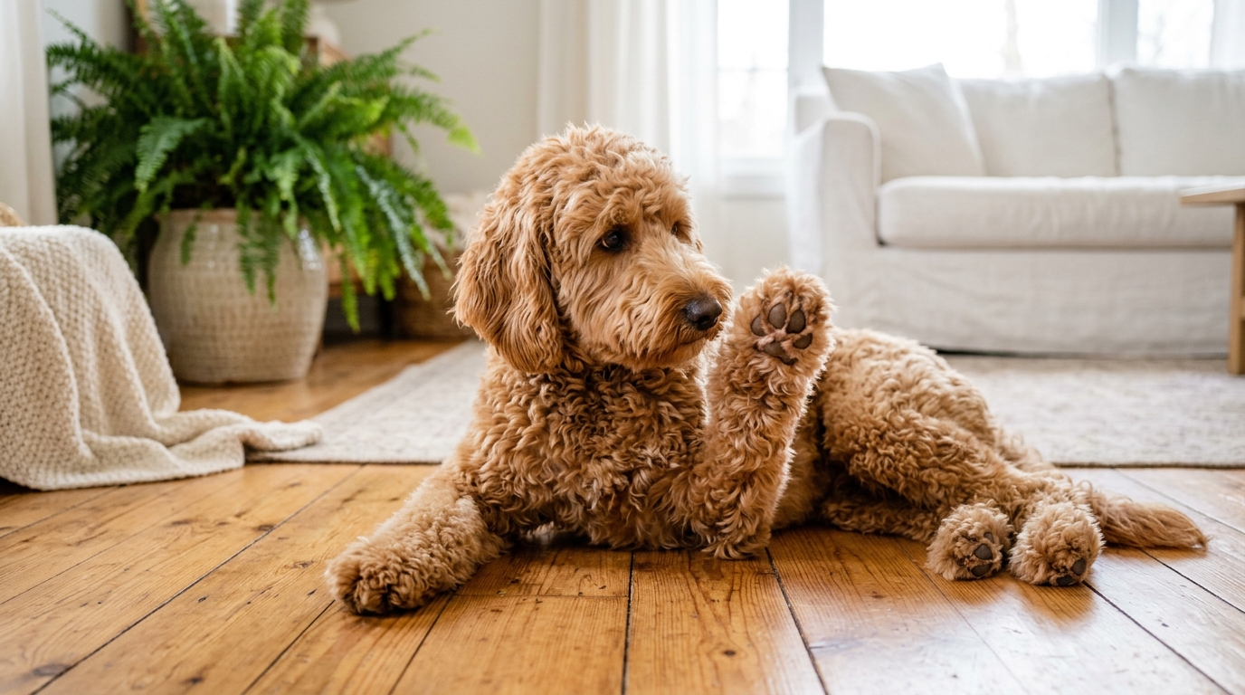 Apricot goldendoodle lying on wood floor, lifting front paw to show matted fur between toe pads.