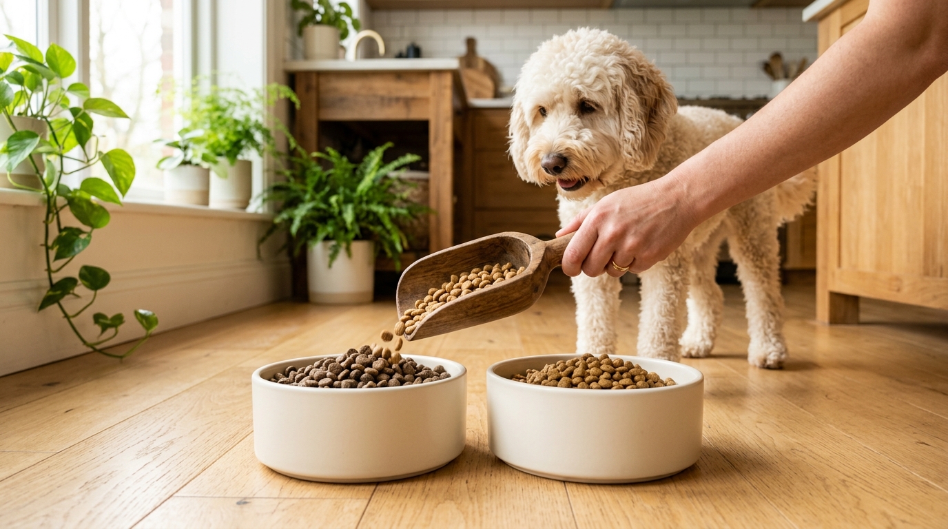 A hand tipping a wooden scoop of new food into a bowl of old food while a cream Australian Labradoodle watches