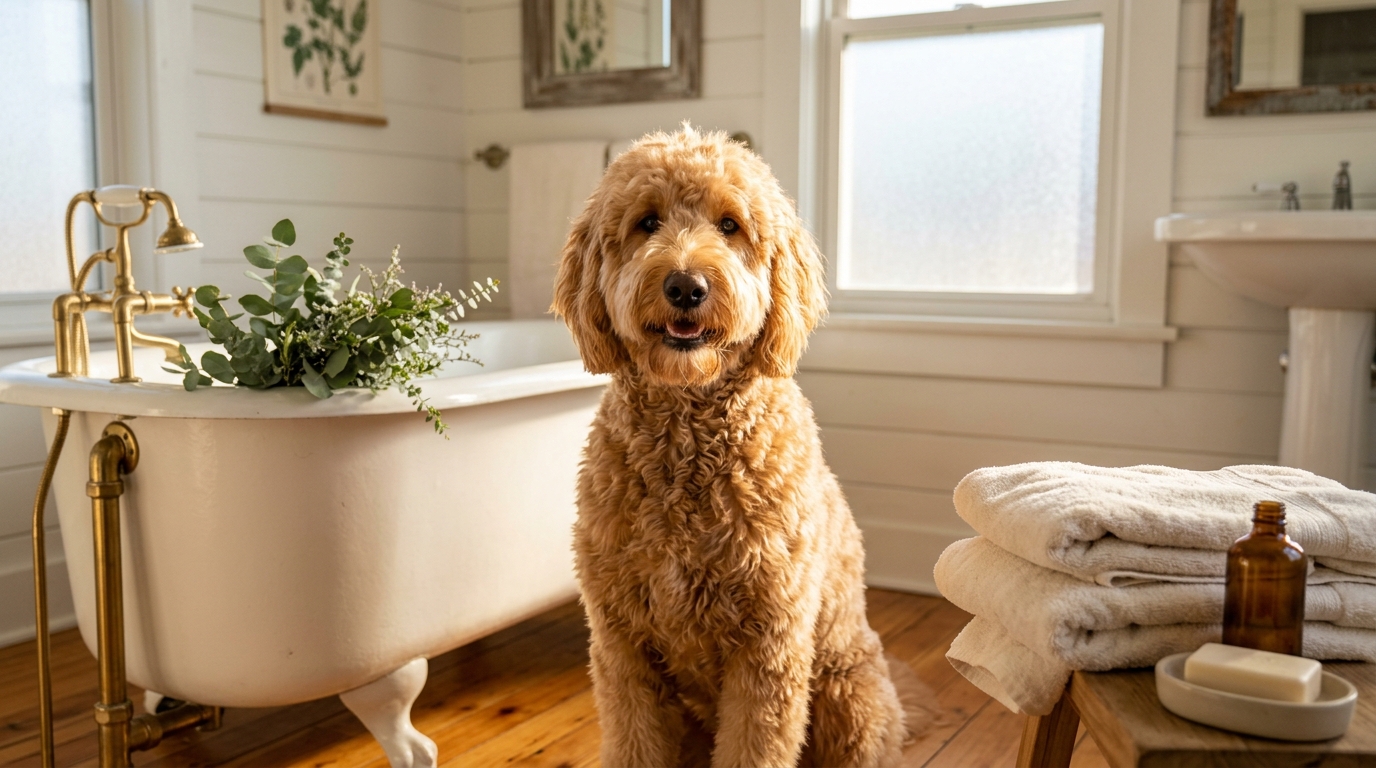 Clean, fluffy apricot Goldendoodle sitting beside a bathtub after a bath with folded towels nearby