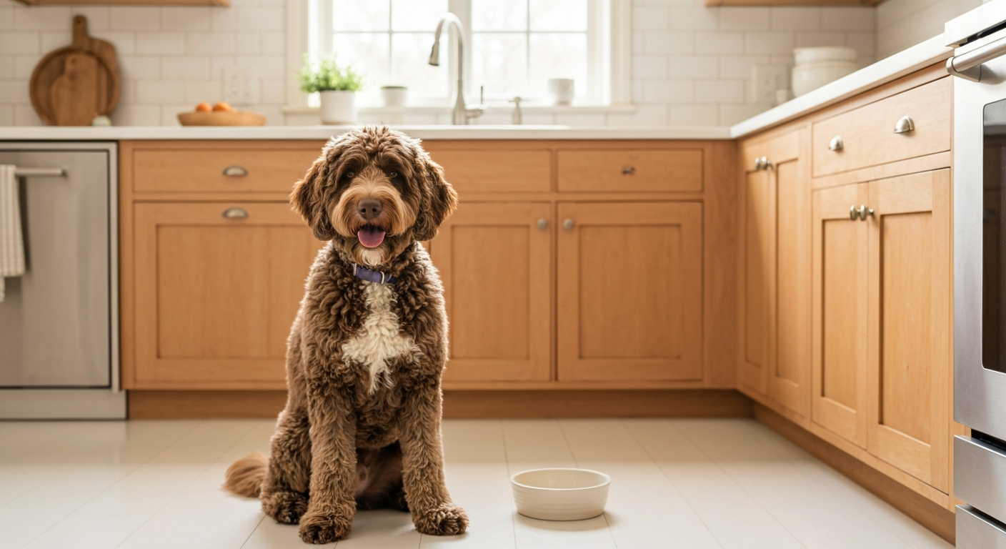 A curly goldendoodle sniffing a bowl of prescription hydrolyzed protein kibble in a home kitchen