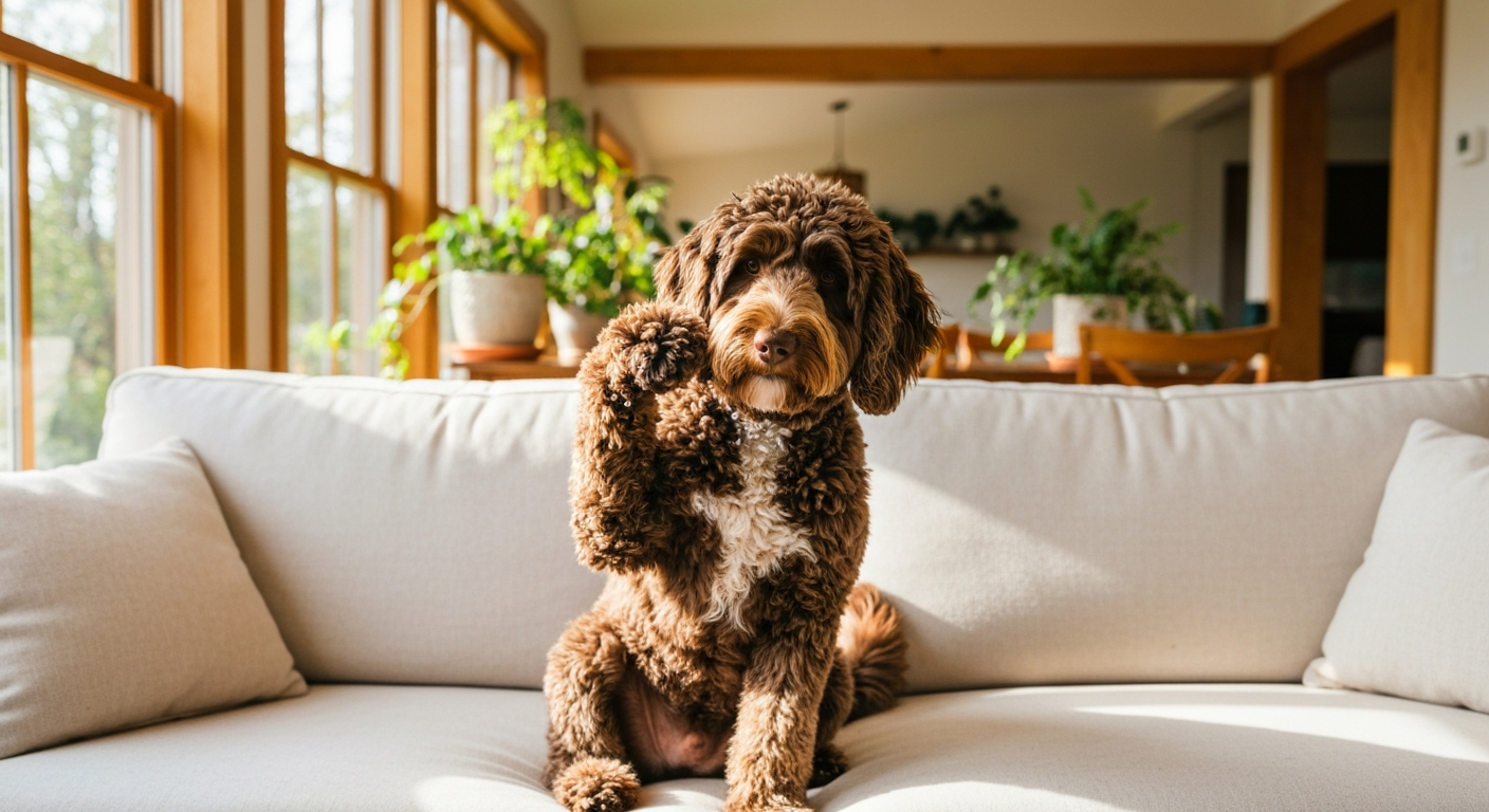 Curly-coated goldendoodle scratching its ear while sitting on a living room floor