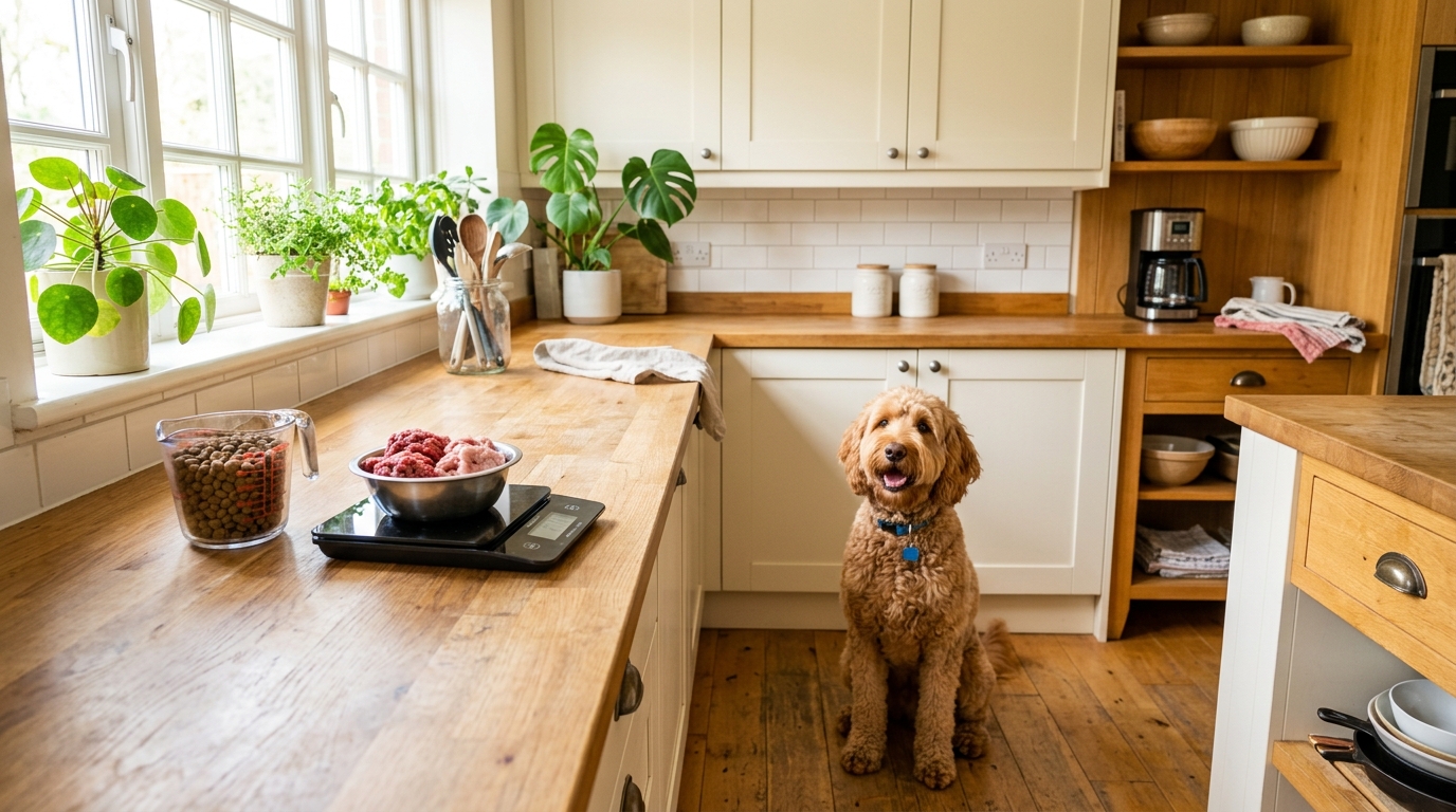 Digital kitchen scale weighing raw food with a caramel Australian Labradoodle waiting below
