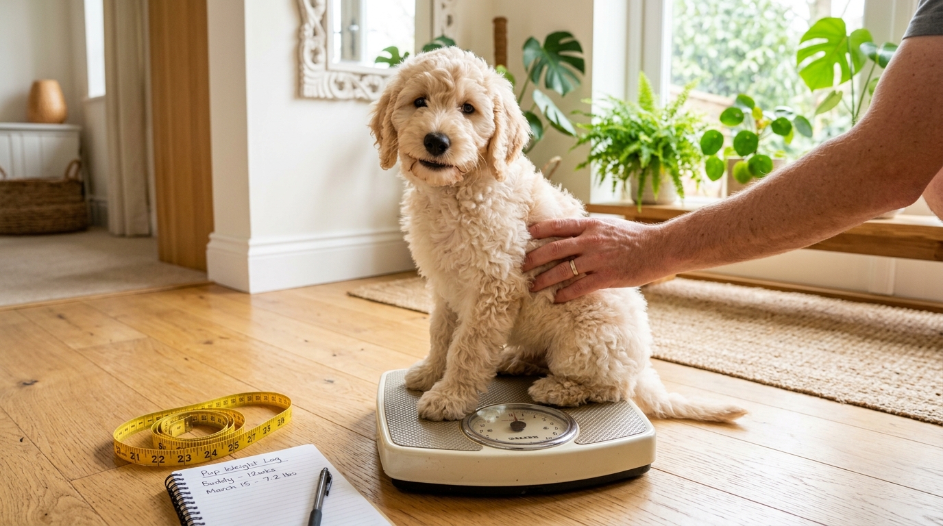Cream Australian Labradoodle puppy sitting calmly on a bathroom scale in a sunny kitchen