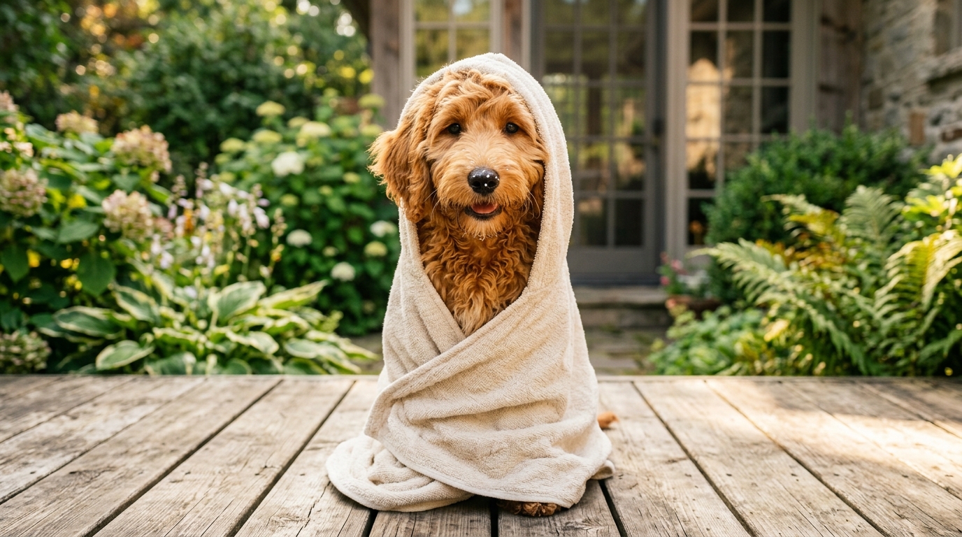 Curly-coated Australian Labradoodle wrapped in an absorbent dog drying robe after a bath