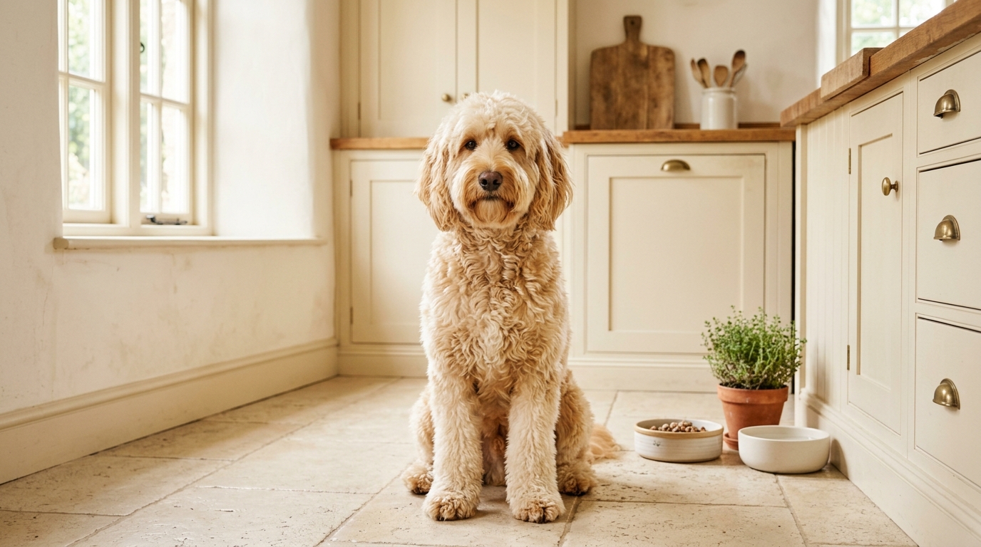 Australian Labradoodle waiting beside a bowl of wet dog food on a kitchen floor